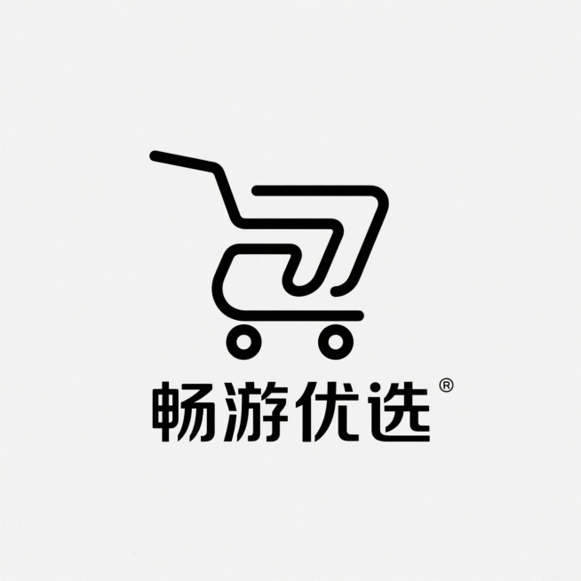 logo设计，电商logo，纯白色背景，一个有设计感的购物车，下方文字“畅游优选”预览效果