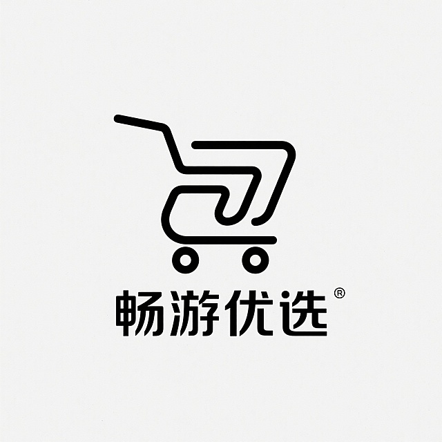 logo设计，电商logo，纯白色背景，一个有设计感的购物车，下方文字“畅游优选”