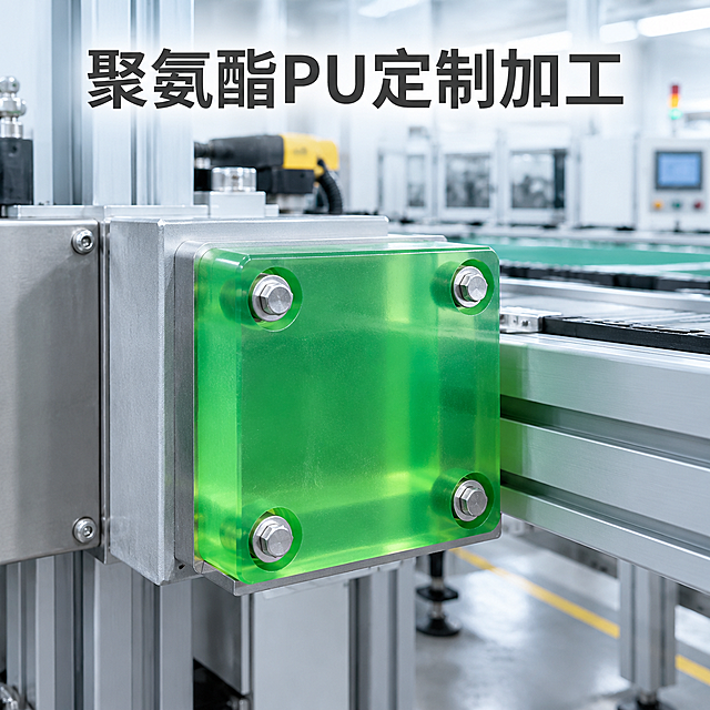 [主图-2] 块状PU聚氨酯零件自动化设备生产线应用场景主图，展示缓冲垫块的实际使用状态。
[统一基调] 工业主图风，1:1正方形，背景为自动化设备生产线场景，整体专业严谨，传递工业应用的真实感。主标题字色为深灰色，字体为无衬线粗体，辅助文字为深灰色常规无衬线体。
[画面] 一块半透明绿色的块状PU聚氨酯零件作为缓冲垫块，安装在自动化设备生产线的金属结构上，位于画面视觉中心，主体占比约50%-60%。零件呈方正块状，四角有圆形通孔，通过螺栓固定在银色金属机架或输送线旁，作为缓冲减震垫块使用。背景是现代化的自动化生产线场景，可以看到金属导轨、输送线、铝型材框架、工业设备外壳等元素，背景适度虚化，突出前景的PU零件。视角为平视略微偏侧的角度，能清楚看到零件的安装方式和缓冲作用位置。零件与金属接触面贴合紧密，有真实的安装连接关系。画面上方或下方标注深灰色主标题文字"聚氨酯PU定制加工"。
[光影质感] 工业厂房摄影质感，光线为工厂内均匀的冷白色工业照明，产品光影自然融入场景。半透明绿色PU零件在工业光线下呈现通透质感，表面有环境光反射，内部有光线穿透，体现PU材料的弹性和缓冲特性。金属设备部分有冷硬的金属反光，与PU零件的温润通透形成材质对比。整体画面真实感强，像实拍的工业应用场景。
[配色] 背景以工业灰、银色金属色为主，点缀少量设备的深色和警示色。产品主体为半透明翠绿色，在灰色工业背景中突出醒目。文字为深灰色(#333333)。整体配色为工业风冷色调，绿色产品作为视觉焦点。
[文字版式] 主标题"聚氨酯PU定制加工"为深灰色无衬线粗体，字号醒目，位于画面上方或下方的留白区域，横排排列，清晰可读，不遮挡产品主体和关键安装结构。无其他多余文字、水印或装饰。
[输出要求] 1:1正方形比例，2K分辨率，产品形态与主图1保持一致（块状、四角孔位、半透明绿色），安装场景真实自然，产品与设备连接合理无穿模，文字清晰无错字，画面干净无水印、无平台Logo、无多余杂物，无变形模糊。