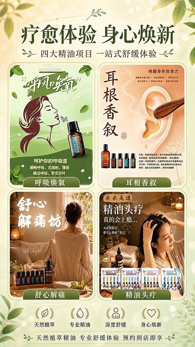 一张精油疗愈体验宣传海报，竖版9:16比例，自然植萃疗愈风格，温暖柔和的暖米色与薄荷绿渐变背景，营造舒缓放松的疗愈氛围。画面顶部居中大标题"疗愈体验 身心焕新"，副标题"四大精油项目 一站式舒缓体验"。画面中部采用2x2四宫格布局，将四张项目图分别嵌入四个圆角矩形画框中，每张图下方标注对应项目名称：左上为"呼吸焕氧"，右上为"耳根香叙"，左下为"舒心解痛"，右下为"精油头疗"。四张项目图完整保留原图内容与风格，按顺序排列。画面底部有辅助文案"天然植萃精油 专业舒缓体验 预约到店即享"，搭配简约的植物叶片与光斑装饰元素。整体版式精美，层次分明，柔光效果，高级质感，文字清晰可读，四周留有安全边距。画面中所有信息区域必须填充完整合理的内容，不得出现空白框或占位区域。