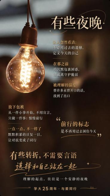在这张灯泡图片中填入文案，主标题为“有些夜晚”，内容为：让人忽然看清：不必用过去的遗憾，定义今天的自己
在那之前
用沉默包裹困惑，用疏离守护脆弱
被理解的温度
替许多未曾开口的话，找到了出口
放下包袱预览效果