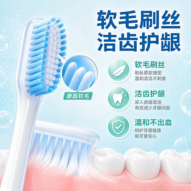 [主图-2] 核心亮点效果证明，突出软毛刷丝洁齿护龈的核心卖点，展示刷毛的柔软与清洁力。
[统一基调] 整体风格洁净清新、专业品质、清爽通透；背景主色为浅青蓝渐变到白色，标题字色为深青蓝，辅助字色为中灰色，强调色为薄荷绿；字体为现代无衬线粗体，字号层级分明；卡片和图标采用圆角轻量样式，整体明亮通透。
[画面] 画面左侧放大展示一支蓝色牙刷的刷头特写，刷毛根根分明，呈现柔软细密的质感，刷毛尖端圆润，用放大镜效果圈出刷毛尖端细节，展示磨圆处理。右侧为大标题和三个核心卖点列表：软毛刷丝、洁齿护龈、温和不出血。背景是纯净的浅青蓝色，带有细微的泡沫纹理装饰，暗示清洁效果。画面底部有一条横向的牙龈示意图，用柔和弧线表现刷毛与牙龈的轻柔接触，体现护龈概念。
[光影质感] 商业摄影质感，侧逆光突出刷毛的层次和通透感，刷头细节清晰锐利，放大镜区域细节加倍清晰，整体干净明亮。
[配色] 浅青蓝背景，深青蓝标题，薄荷绿强调色，牙龈示意图用淡粉色柔和表现，整体洁净专业。
[文字版式] 右侧上方大标题"软毛刷丝 洁齿护龈"，标题下方三个卖点短句纵向排列，每个卖点前有小图标；放大镜旁标注"磨圆软毛"小字；文字均为横排，左对齐，不遮挡产品主体。
[输出要求] 比例1:1，文字清晰，刷毛细节清晰；禁止变形、错字、模糊、杂乱、水印、平台Logo、夸张医疗效果。