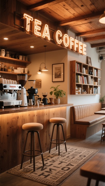 一个温馨舒适的咖啡厅内部场景，采用温暖的木质色调与柔和灯光营造出惬意氛围，天花板悬挂着复古风格的“TEA COFFEE”霓虹招牌，吧台区域摆放着意式咖啡机、磨豆机和各种咖啡器具，吧台上放置着小巧的绿植和装饰画，旁边是两个带软垫的高脚凳，墙面一侧是多层木质书架，上面整齐排列着书籍和咖啡相关物品，另一侧设有舒适的卡座沙发区，地面铺有带有复古字母图案的地毯，整体空间布局紧凑而有序，光影效果柔和自然，……预览效果