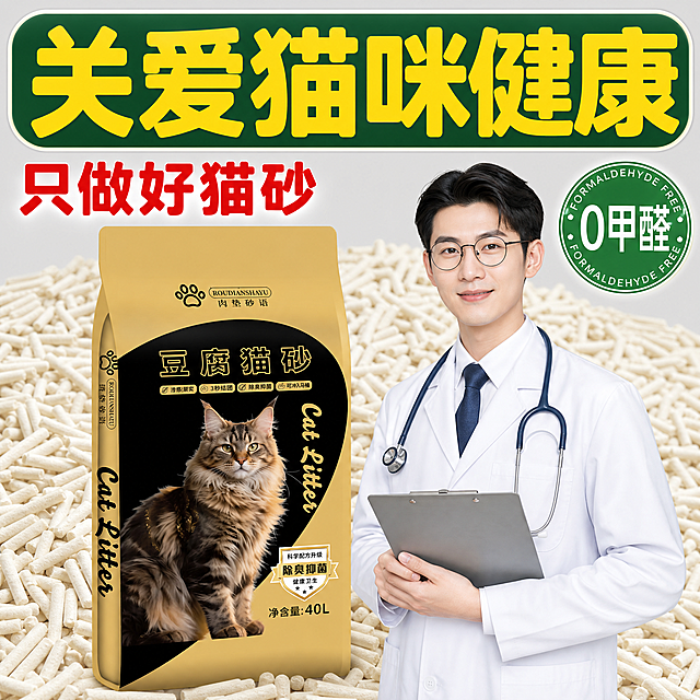 [主图-2] 拼多多豆腐猫砂安全健康卖点图，核心任务是突出「0甲醛 关爱猫咪健康」的安全背书，用医生形象+产品+大标题的信任型版式。
[统一基调] 拼多多爆款风格，大字直白冲击力强，主背景用浅灰色+猫砂颗粒堆景，标题用黄色粗大字配深绿底圆角框，辅助文案用红色粗体强调，强调色用绿色和红色，圆角胶囊标签，字体为饱满圆润粗黑体。
[画面] 画面中心偏左放置用户提供的金色包装豆腐猫砂产品袋，产品完整清晰，占画面约40%。产品右侧站一位穿白大褂的男医生形象，戴眼镜面带微笑，手持记录板，脖子挂听诊器，专业可信，占画面约30%。背景是堆积的豆腐猫砂颗粒，营造产品量足感。画面顶部放超大号主标题「关爱猫咪健康」，黄色粗字配深绿底圆角矩形框，占顶部约1/4高度。标题左下方放红色粗体大字「只做好猫砂」。产品右上方放一个绿色圆形徽章，内有白色大字「0甲醛」，外圈有英文小字环绕。画面整体形成产品+专家+安全认证的信任三角。
[光影质感] 商业摄影质感，明亮均匀柔光，产品立体感强，医生形象自然真实，猫砂颗粒质感清晰，整体干净明亮。
[配色] 主背景浅灰色，猫砂米白色，标题黄色+深绿底，强调色红色和绿色，产品金色包装保持原样，整体专业可信又有拼多多爆款感。
[文字版式] 顶部大标题最醒目，左侧红色副标题，右侧绿色圆形认证徽章，文字都放在负空间不遮挡产品主体和医生面部，所有文字清晰可读。
[输出要求] 1:1正方形，文字清晰无错字，产品外观与输入图完全一致，医生形象自然专业，画面干净有信任感，无水印无平台logo，禁止变形模糊。