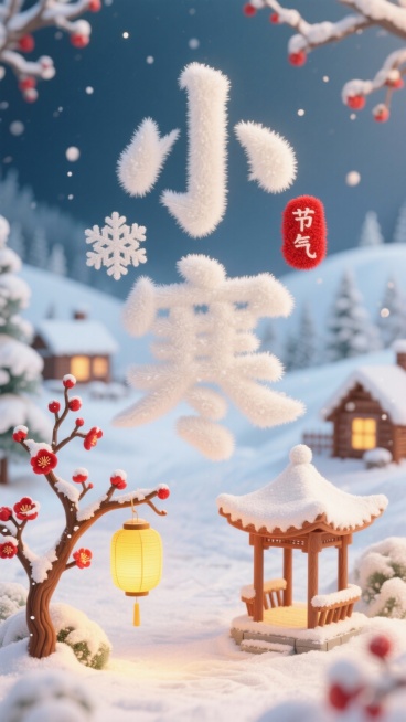 毛绒绒立体主标题字“小寒”，带有毛绒雪花装饰，朱红色毛绒印章，印章内有白色毛绒小字“节气”，远处是白雪覆盖的童话雪乡小镇，近处几枝覆雪的红梅，一盏暖黄色的灯笼挂在枝头，一座覆雪的小亭位于红梅旁，整体色预览效果