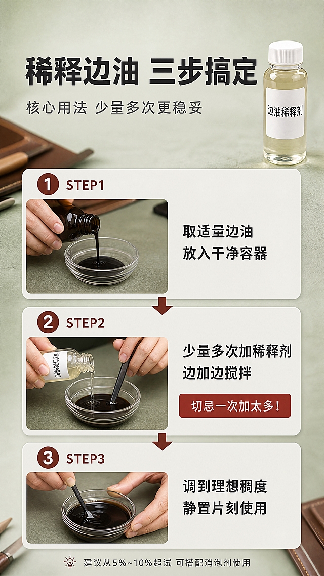 [商品] 使用【图1】边油稀释剂小瓶；保留圆瓶结构、浅黄透明液体、白色旋盖、白底黑字"边油稀释剂"标签；商品处理：瓶身通透有玻璃质感，液体清澈，标签清晰，比例不变形。
[画面] 目标：使用方法①——稀释边油核心步骤演示。构图：上中下三步流程（STEP1/2/3），每步配手部动作示意图+简短说明，产品瓶身位于右上角作为点缀。背景：浅灰绿渐变 + 皮革工作台俯视视角虚化。步骤演示区占画面约70%。阅读动线：顶部标题→STEP1→STEP2→STEP3自上而下。
[视觉] 套系策略：风格=专业工业风皮具工坊商业摄影；标题字=现代粗黑体（思源黑体Heavy）；正文字=简洁无衬线体（思源黑体Regular）；主色=浅灰绿；背景延展=基于浅灰绿做深浅层级、同色渐变和细腻哑光纸面质感；强调色=深棕红（皮革色），仅用于步骤编号、重点提示标签；标题色=深炭灰；正文色=中暖灰；组件=圆角步骤卡、圆形步骤编号、箭头连接；光影=顶视柔光，工作台面有自然明暗层次。
[文字] 顶部主标题："稀释边油 三步搞定"（8字），副标题："核心用法 少量多次更稳妥"（12字）。STEP1："取适量边油 放入干净容器"，STEP2："少量多次加稀释剂 边加边搅拌"（配红色重点提示"切忌一次加太多！"），STEP3："调到理想稠度 静置片刻使用"。底部小字："建议从5%~10%起试 可搭配消泡剂使用"。所有文字横排，步骤编号醒目。
[规格] 图片比例9:16竖版，4K分辨率，quality=medium。负向提示：避免瓶身变形、标签文字错乱、文字竖排/斜排、文字过小、极限词、冷蓝背景、与前四张同构。