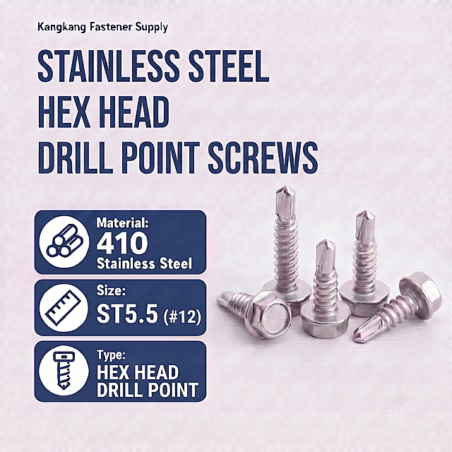 调整标题STAINLESS STEEL HEX HEAD DRILL POINT SCREWS的排版，让整体布局更协调，其余产品、文字内容、颜色和风格都保持不变