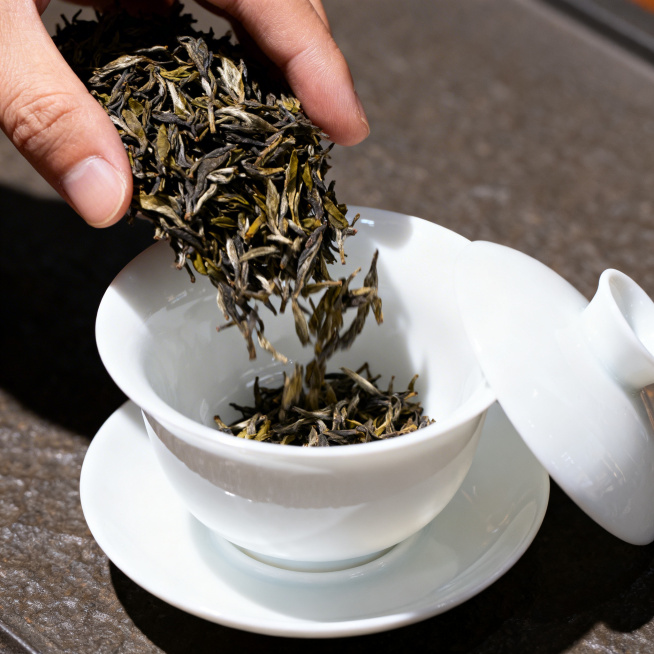 第二步：投茶入碗，正方形写实摄影，真实质感，大气暖调，手将古树茶叶投入白瓷盖碗中，和示例图5的真实摄影风格保持一致，整体高端干净预览效果