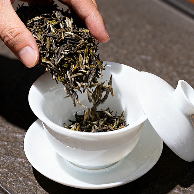 第二步：投茶入碗，正方形写实摄影，真实质感，大气暖调，手将古树茶叶投入白瓷盖碗中，和示例图5的真实摄影风格保持一致，整体高端干净
