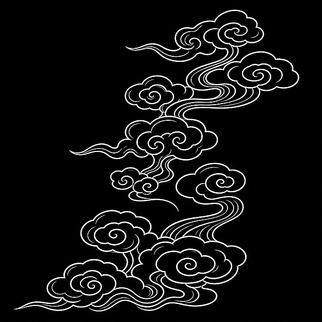 中国传统祥云图案，白色线条勾勒，纯黑色背景，线条流畅优美，云纹呈螺旋卷曲状，古典中式风格，装饰性纹样，简洁大气，祥云呈升腾之势，由下向上逐渐舒展，动感十足，传统吉祥纹样风格