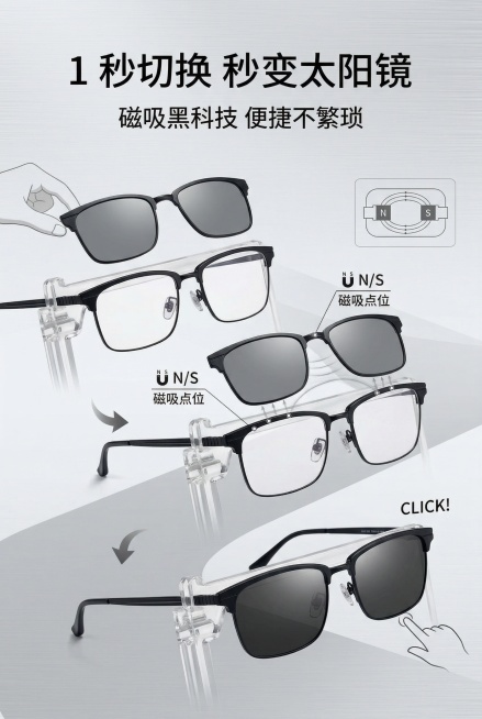 2:3 竖版电商详情图，严格还原上传的三张产品参考图，包括包装设计、颜色、LOGO位置、文字内容、图案元素等所有细节；产品外观必须与参考图完全一致，保持铝镁钛金属哑光质感。动态展示磁吸夹片 1 秒吸附预览效果