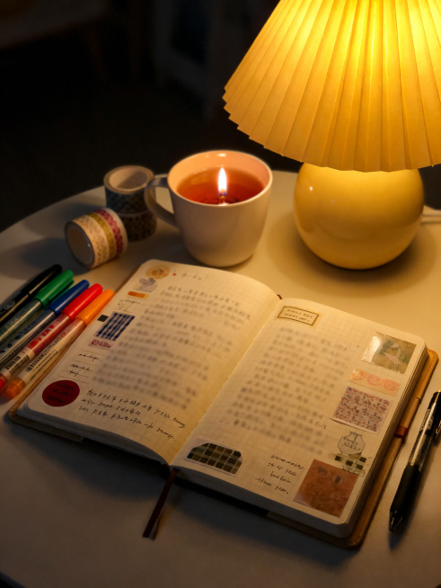 书桌一角，暖黄色台灯亮着，近景聚焦在翻开的手账本上，页面有写了一半的模糊文字、贴纸、胶带装饰，旁边摆放着彩色笔、和纸胶带、一杯茶，还有一个正在燃烧的香薰蜡烛，烛光微微闪烁，暖黄色台灯光为主光，环境略暗预览效果