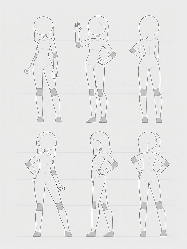 一张纯色白色背景的人物动态参考图，画面中以规整的网格状排布着8个不同完全动作的女性人体素体，每个素体均采用简洁流畅的淡灰色线条绘制，线条粗细均匀、边缘平滑，部分素体带有淡灰色块面阴影以增强体积感，展现出动感的姿态，包括站立、挥手、抬臂、叉腰、转身等日常与动态姿势，人物结构采用Q版卡通风格，头部较大呈椭圆形，身体比例为3头身左右，关节处有明显的立方体块状结构提示，整体画面干净整洁，仅有线条和少量阴影构成的人物形态，无任何多余细节和文字，视觉层级清晰，信息传达直接，适合作为绘画动态参考素材使用。