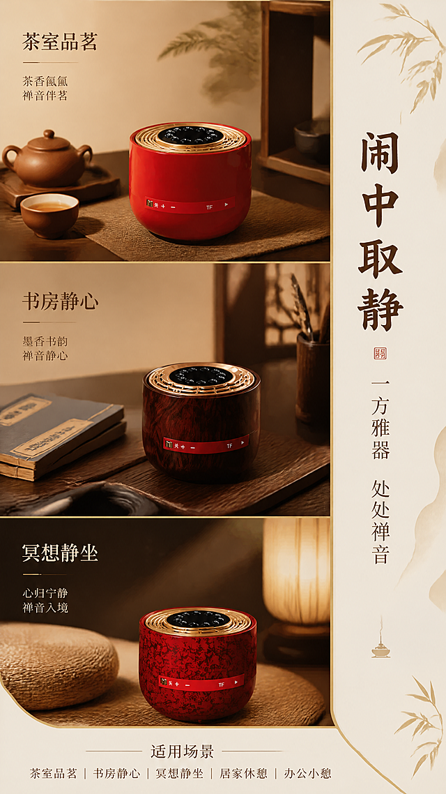 [第2张] 详情页场景种草-多场景禅意生活图鉴。本张使用【图10】紫檀木纹款作为书房场景主体、【图5】朱砂红亮面款作为茶室场景主体、【图12】朱砂红斑驳款作为冥想场景主体。
[氛围/风格] 新中式禅意生活方式，三格拼图布局，每格独立场景，统一暖调光影，静谧雅致。
[元素布局] 画面纵向分为上中下三格：上格-茶室场景，朱砂红亮面音箱置于茶桌，旁有紫砂壶与茶杯；中格-书房场景，紫檀木纹音箱置于书桌，旁有古籍、毛笔、砚台；下格-冥想场景，斑驳纹理款置于蒲团旁，暖光氛围。每格产品保持原造型与颜色一致，占比约40%。
[光影质感] 每格均为侧方暖光照明，柔和自然阴影，营造沉浸式场景氛围，突出产品融入生活的质感。
[配色色系] 全局底色 #F5EFE6 米杏色；三格场景统一暖棕色调，朱砂红点缀，金色描边分隔。
[视角构图] 三格竖排拼图，每格45°斜侧视角，阅读动线从上至下，每格左侧或上方配场景标题。
[文字版式] 每格左上角配场景标签：「茶室品茗」「书房静心」「冥想静坐」；画面右侧竖排大标题「闹中取静」，副标题「一方雅器 处处禅音」；底部小字标注适用场景清单；字体为宋体标题+楷体正文，字色深棕。
[比例分辨率] 9:16 竖版比例，4K分辨率，文字清晰可辨，高清画质。
[负向提示词] 产品变形，颜色偏差，场景杂乱，现代电器入镜，文字错乱，水印。