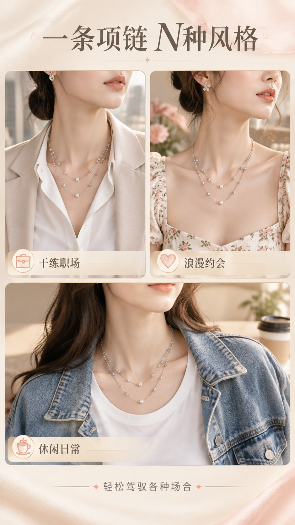 [商品] 使用【图1】双层叠戴珍珠银球项链；分别搭配不同风格服… - 图片创意预览