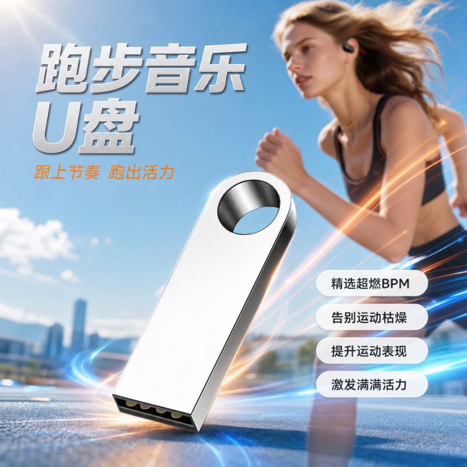 [主图-1] 跑步音乐U盘动感活力首图。
[氛围风格] 动感运动风，科技活力氛围感；结合参考图的户外跑步场景，传递活力能量感。
[画质] 商业摄影质感、光线通透、产品清晰真实、画面干净高级，超写实渲染预览效果