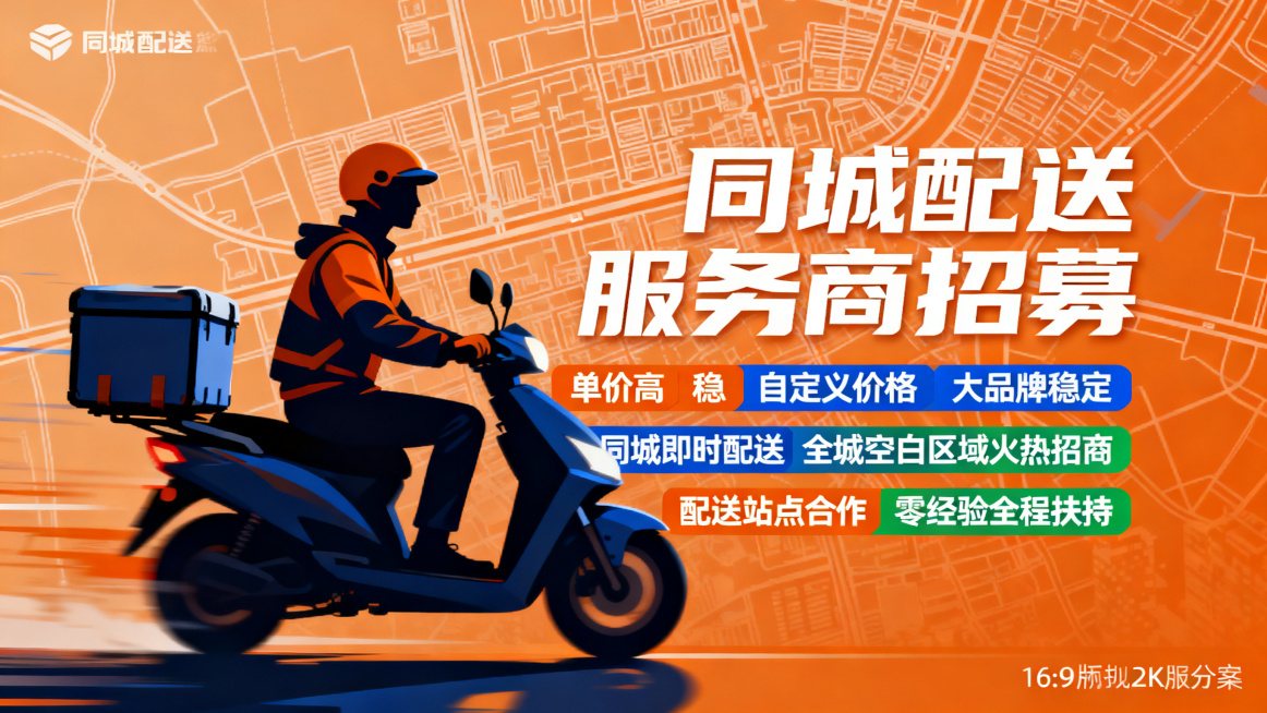 同城配送服务商招募宣传海报，现代商务风格，画面醒目突出核心文案："单价高" "稳" "自定义价格" "大品牌稳定" "同城即时配送" "全城空白区域火热招商" "配送站点合作" "零经验全程扶持"，色预览效果