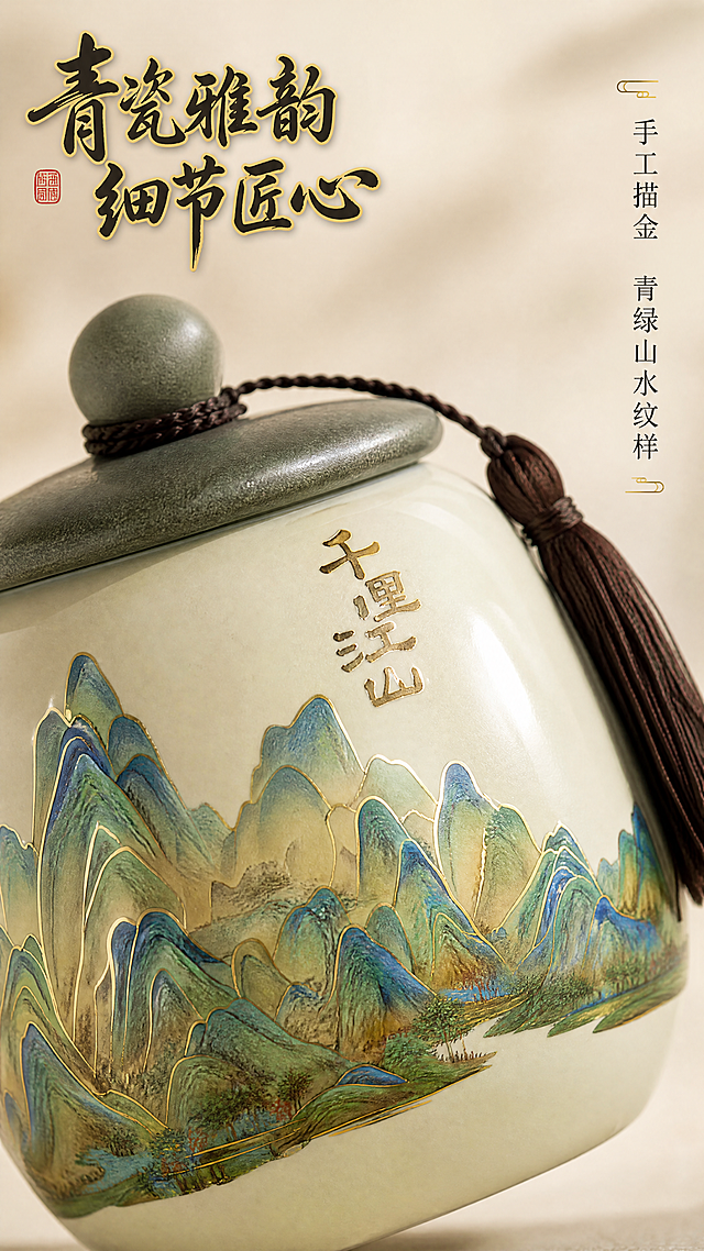 [第3屏] 茶罐细节微距特写，展示千里江山红茶陶瓷茶罐的工艺细节。本屏使用【图2】【图3】【图4】作为参考，微距展示陶瓷茶罐的盖钮、流苏、千里江山纹样细节。
[氛围/风格] 高端工艺特写，高清商业微距摄影，柔和光线，细腻质感，突出陶瓷材质和手绘纹样的精致。
[元素布局] 陶瓷茶罐斜放在画面中央，占据画面60%-65%区域，重点突出罐身的千里江山纹样和盖子的流金釉面+流苏细节。保持茶罐米白胎色、青绿山水纹样、深灰绿盖子、棕色流苏的颜色和材质与参考图一致，放大展示细节纹理，纹样线条清晰可见，陶瓷釉面光泽自然呈现。
[光影质感] 侧光为主，突出陶瓷釉面的光泽和纹样的凹凸质感，阴影柔和过渡，细节清晰度高，质感真实。
[配色色系] 全局底色：#F7F3E9（浅米金），与首屏保持一致；主体配色：#F5F5EB（罐身米白）+ #58B09C（青绿山水）+ #607868（盖子灰绿）+ #593324（流苏棕）；文字配色保持#2D2D2D + #D4AF37不变。
[视角构图] 微距特写视角，茶罐对角线构图，重点展示罐身中上部的纹样和盖子细节，背景虚化，突出主体细节。
[文字版式] 顶部偏左标题「青瓷雅韵 细节匠心」，书法感字体，深棕黑配浅金描边。右侧竖向小字"手工描金 青绿山水纹样"，深灰色。字体、字色、字效完全沿用首屏规范，文字不遮挡核心细节区域。
[比例分辨率] 9:16竖版比例，4K分辨率，文字清晰可辨，超高清。
[负向提示词] 陶瓷变形，纹样模糊，颜色失真，流苏错乱，光影过硬，背景杂乱，文字遮挡细节