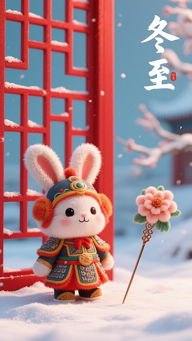 一个身穿节日武将服饰的北京泥塑兔子形象，旁边是一枚精致的传统绒花发簪，两者都置于红色窗花之上。画面右上方有毛茸茸的“冬至”两个字，绒花的柔软绒毛质感与泥塑的光滑形成对比，喜庆，民间艺术，象征性，在白雪背景下的鲜艳色彩。