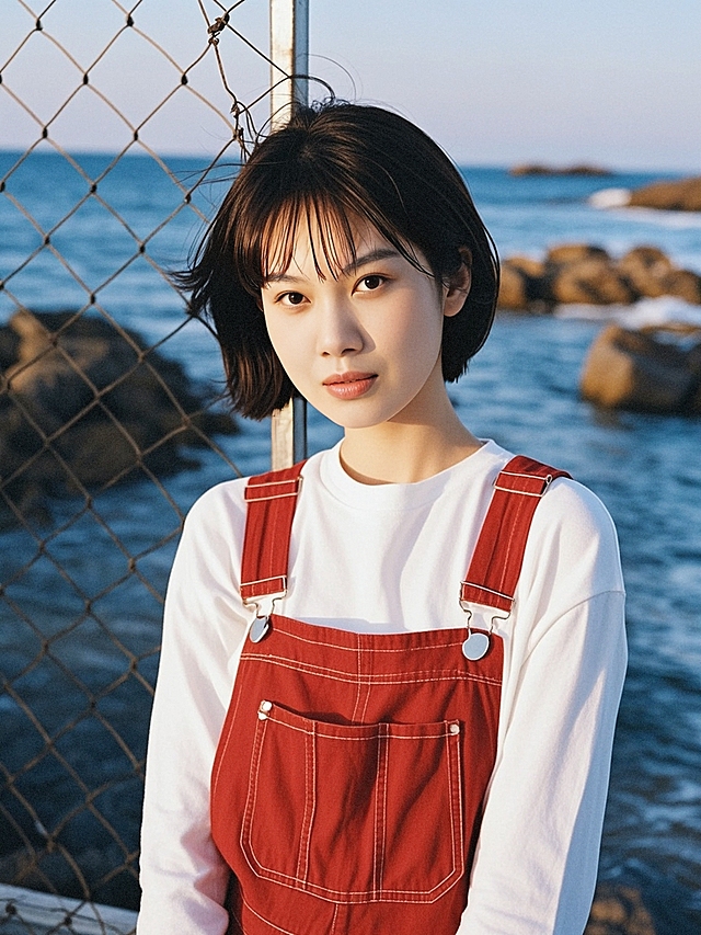 海边实景，清新文艺风，红背带与白T恤搭配，自然光线营造温馨氛围。