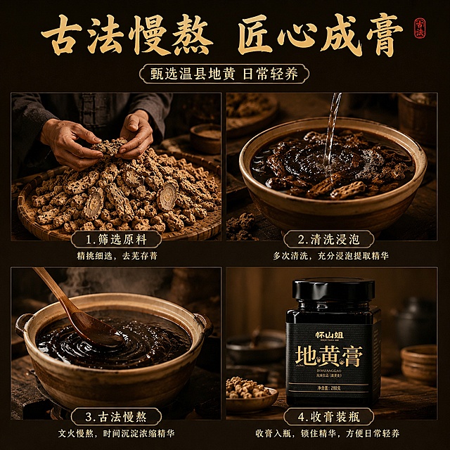 [主图-4] 古法熬制工艺展示图，介绍地黄膏匠心制作流程。
[氛围风格] 传统古法氛围，匠心手工制作，突出时间沉淀的品质感。
[画质] 清晰商业摄影质感，每个工艺环节细节真实，整体协调统一。
[元素] 采用四分格拼图版式，四个小图分别展示：1. 筛选干地黄原料 2. 清洗浸泡提取 3. 古法砂锅慢熬 4. 收膏装瓶，右下角放置完整地黄膏产品保持与输入图一致。四个环节依次排列，每个小图下方配有简短文字说明，整体布局清晰不拥挤，商品主体完整展示。保持产品外观与输入产品图绝对一致，杜绝变形色差。
[光影] 每个环节统一使用暖调自然光，光线柔和，整体光影统一协调，突出手工古法质感。
[配色] 整体统一深棕复古色调，搭配木色砂锅原色，传统质朴。
[视角构图] 四分格平铺，右下角产品补充展示，整体构图均衡，每个环节独立清晰，无遮挡。
[文字版式] 顶部主标题大字：古法慢熬 匠心成膏，金色书法字体居中；每个工艺小图下方标注四字流程说明，小号清晰字体。整体文字排版工整，不遮挡主体画面。
[输出要求] 1:1比例，文字清晰可辨，超高清商业摄影质感，width=2048 height=2048。
[负向提示词] 变形，文字错乱，产品图模糊，背景杂乱，水印，电商平台Logo，绝对化违禁词，医疗功效宣传。