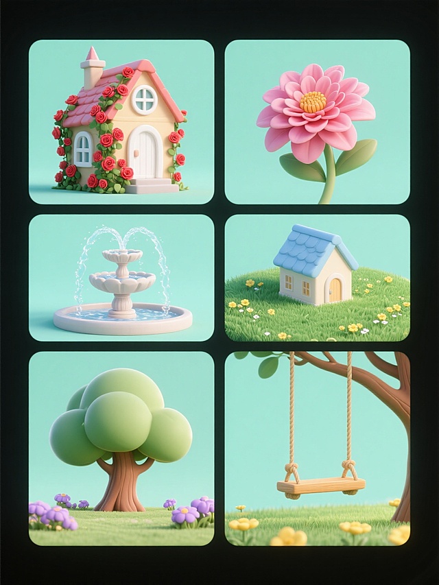 软3D风格，纯色背景，以花园场景为主题，包含六个完全不同元素内容的系列素材集合规整排布：左侧上方是一座带有尖顶屋顶和白色窗框的温馨小屋，屋前缠绕着红色蔷薇花藤；右侧上方是一朵绽放的粉色大丽花，花瓣层次分明；左侧中间是一座带有多层喷水口的圆形喷泉，水花呈弧形向上喷洒；右侧中间是一片修剪整齐的绿色草坪，点缀着黄色小花；左侧下方是一棵枝繁叶茂的大树，树干粗壮，树冠呈伞状；右侧下方是一个悬挂在树枝上的木质秋千，秋千绳自然垂下。整体色彩变换为以清新的薄荷绿为基调，搭配淡紫色花朵、浅蓝色小屋屋顶和浅黄色秋千，光影柔和，各元素边缘圆润，保持软3D的质感和风格统一性，构图均衡，信息传达清晰。