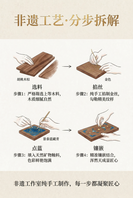 2:3竖屏，新中式非遗风格，无需完整展示产品，重点呈现工艺可视化；画面分为三个区域，上方为标题区，中间为工艺拆解示意图，下方为文字说明；主标题“非遗工艺·分步拆解”，楷体，横向排版，烫金效果；中间区域预览效果