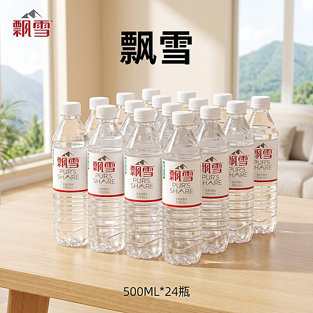 [主图 1] 满版场景点击率首图
[氛围风格] 干净明亮通透的自然风，突出天然饮用水的纯净感
[画质] 商业摄影质感、光线柔和通透、产品清晰真实、画面干净高级
[元素] 品牌为飘雪，左上角添加飘雪logo，保持瓶装饮用水外观（物理结构、材质质感、颜色）与用户参考产品图绝对一致，杜绝任何变形和色差，精细化处理。12瓶饮用水整齐排列在整洁原木桌面，背景是阳光透过干净落地窗洒进来的客厅场景，窗外能看到远山绿植，营造自然纯净氛围。商品主体占比严格控制在70%左右；画面满屏无边框。
[光影] 自然光从左侧窗户照射进来，形成柔和漫反射光，主光勾勒瓶身轮廓，辅光填充暗部，高光点缀瓶身透明质感，整体通透干净，暗部有层次不发灰
[配色] 主色调为原木浅米色，辅助色为远山青绿色和瓶身透明无色，整体清新干净
[视角构图] 平视视角，景深适中，产品居中，前中后景层次分明，轮廓完整不裁切
[文字版式] 顶部居中放置主标题，"飘雪"加粗大号黑色字体，底部放置规格文字"500ML*24瓶"小号字体居中，文字不遮挡产品主体，放置在负空间，保证清晰易读
[比例分辨率] 1:1 比例，1000像素，2k分辨率；文字清晰锐利，画面超高清
[负向提示词] 变形，水印，文字错乱，产品图模糊，背景杂乱，色差，遮挡主体