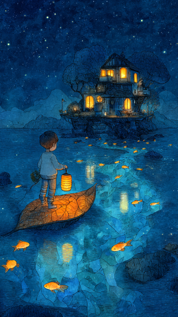 A heartwarming bedtime adventure illustration, Studio Ghibli style. A little explorer in cozy stripe预览效果