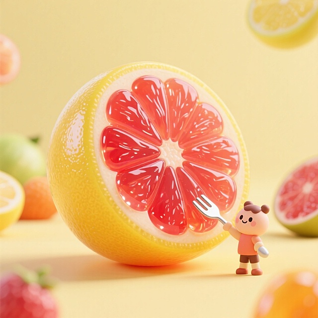 一个红心蜜柚，黄色的皮被剥开，里面红柚分成好几瓣，旁边有卡通小人拿着叉子准备挖红柚吃，其他水果点缀元素，淡黄色背景