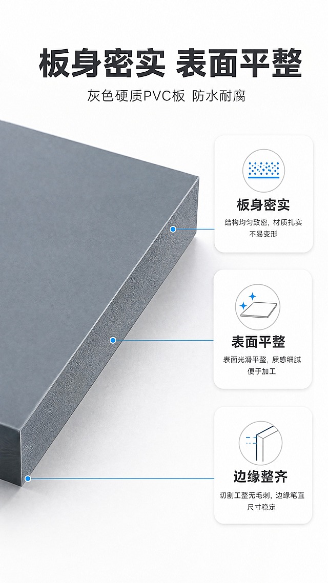 [商品] 使用【图1】灰色硬质PVC板；保留板材灰色、厚度、边缘与表面平整度；本张以板材局部大特写展示截面与表面细节，材质真实。
[画面] 页面目标：证明板身密实、表面平整、边缘整齐。左侧约 55% 放板材局部大特写：以约 30 度视角同时看到板面平整表面与板材侧面截面，形成结构层级；右侧约 45% 纵向排列三张圆角标注卡：板身密实、表面平整、边缘整齐，每卡配线稿图标与一句短说明，并用细引线分别指向板材截面、板面与边缘；背景为白到浅灰白渐变，台面接触阴影自然。
[视觉] 套系策略：风格=国内工业品专业详情页，干净明亮的商业摄影结合扁平信息卡；标题字=现代粗黑体；正文字=简洁黑体；主色=石墨灰；背景延展=以白色和浅灰白为主底，基于主色做深浅层级与同色渐变；强调色=亮青蓝，仅用于小面积图标、引线、标签和局部光效；标题色=深石墨灰；正文色=中灰；组件=圆角浅底信息卡、胶囊标签、细线引线和小图标；光影=左前侧柔和商业光，产品哑光质感，自然接触阴影。
[文字] 横排主标题“板身密实 表面平整”，副标题“灰色硬质PVC板 防水耐腐”；三张卡横排文案：板身密实、表面平整、边缘整齐，每卡配一句短说明；全部横排，标题最大，说明文字最小，不遮挡结构标注。
[规格] 9:16 竖版，4K，避免变形、错字、文字过小、截面失真、背景杂乱。