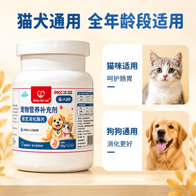 [主图-3] 适用范围展示图，胰宝消化酶片。保持产品瓶身信息与原图一致。氛围风格：亲和清晰，明确适配范围；画质：高清商业摄影，自然真实；元素：产品瓶身放在画面左侧，右侧分两个圆角卡片，上方卡片放猫咪图预览效果