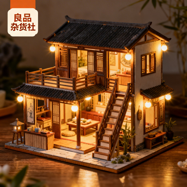 淘宝详情图，古风DIY小屋，细节展示小屋的灯光系统，暖光分布均匀温馨，左上角标注“良品杂货社”预览效果