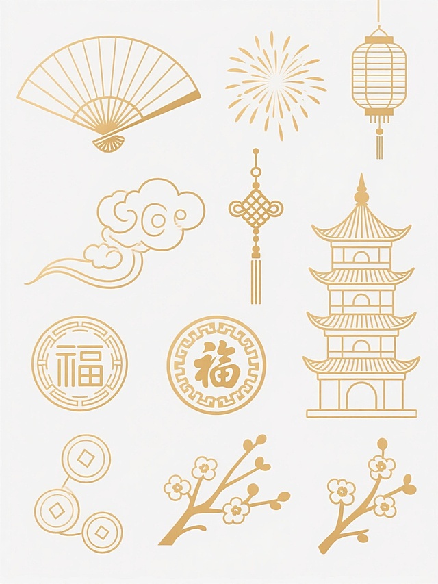 一组中国传统金色线条风格的装饰图案，包含扇形、灯笼、中国结、祥云、烟花、宝塔、古钱币、福字纹和梅花等元素，线条纤细流畅，呈浅金色，图案排列整齐，背景为纯白色，整体呈现简洁典雅的传统中国风设计感。