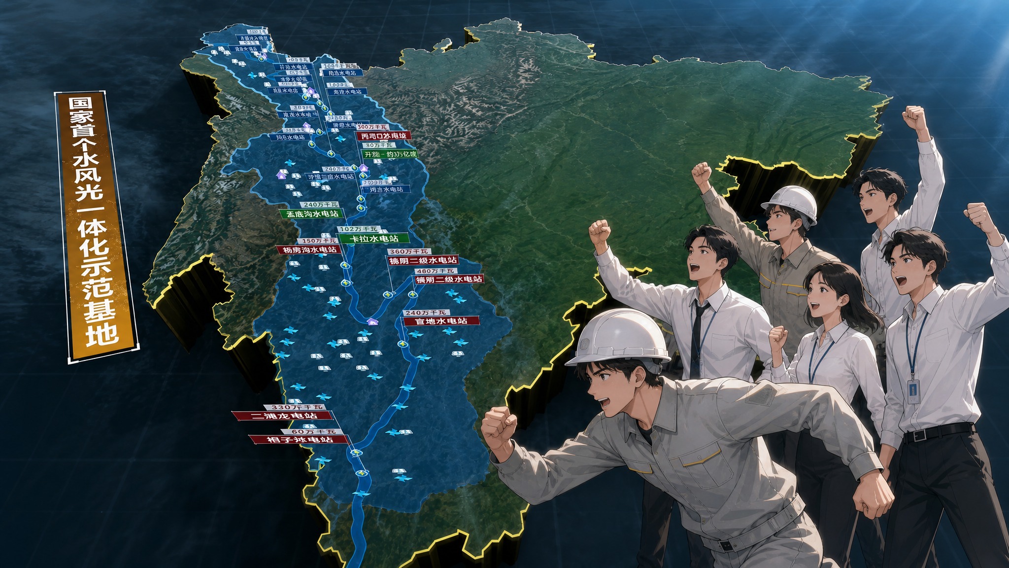 韩漫帅气风格插画，16:9比例。以第一张图的水风光一体化示范基… - 图片创意预览