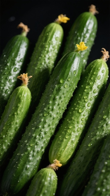 背景为多根新鲜黄瓜整齐排列的特写画面，整体呈现高度写实的摄影风格，主色调为深浅不一的绿色系，黄瓜表皮带有清晰的凸起小刺和晶莹的水珠，顶部保留着枯萎的黄色小花。光线从侧面柔和照射，在黄瓜表面形成明暗对比，凸显出其光滑而略带粗糙的质感，阴影细节丰富，背景为纯黑色以突出主体。构图采用垂直紧密排列的布局，视觉焦点集中在黄瓜的自然形态和细节纹理上，营造出新鲜、饱满、充满生机的氛围，画面具有强烈的真实感和……预览效果