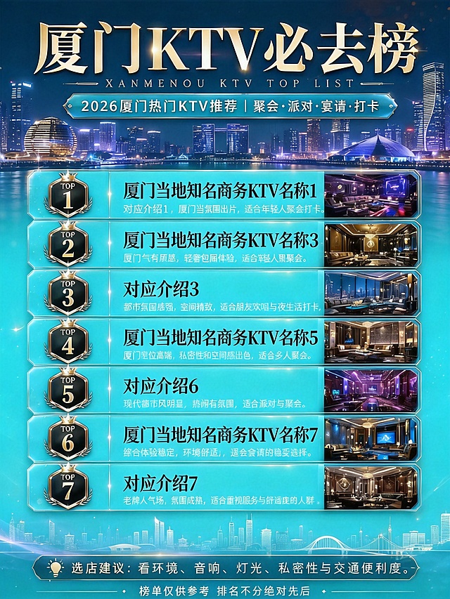 在原图基础上修改，将地区改为厦门，标题改为厦门KTV必去榜，修改7家KTV为厦门当地知名商务KTV，每家名字和介绍都不同，整体图片主色调改为青蓝色，保持原排版和结构不变，原图的夜景城市背景改为厦门城市夜景，保持文字样式和整体布局不变