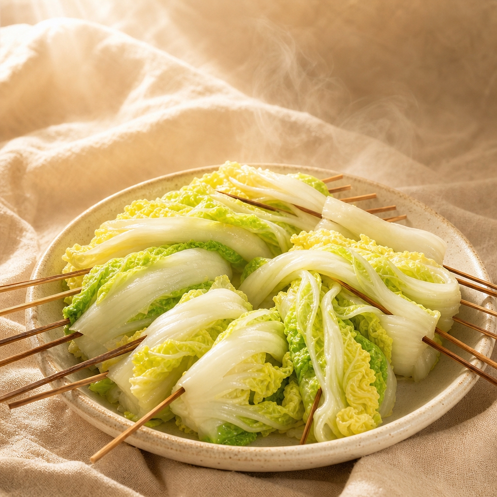 参考暖米色光影背景风格优化白菜帮串：保留乳白到淡黄绿过渡的白菜… - 图片创意预览