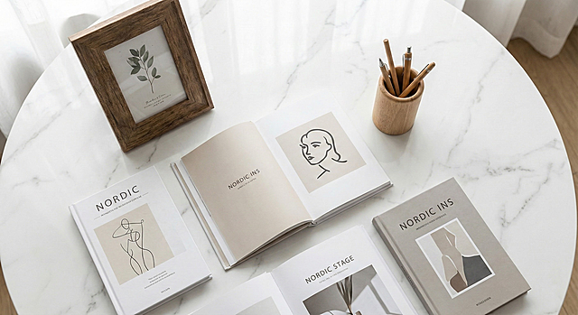 白色大理石桌面俯视上面铺着北欧ins书本，还有着照片木框在摆着，还有着笔筒