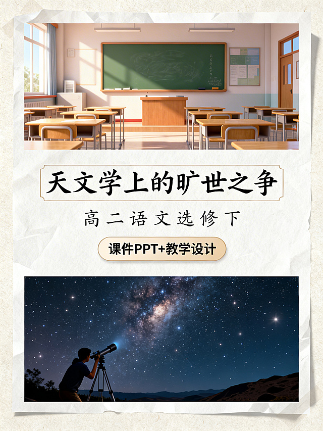 上区1/8是明亮高中语文课堂，有黑板、课桌椅；中区3/8是独立浅色背景，第一行色框填充工整手写字体的"天文学上的旷世之争"，第二行每个文字居中排布的"高二语文选修下"，第三行圆角矩形框的"课件PPT+教学设计"；下区4/8是星空观测意境图，整体清新浅色，带纸张纹理和轻微阴影，3D渲染，视觉焦点集中在中区