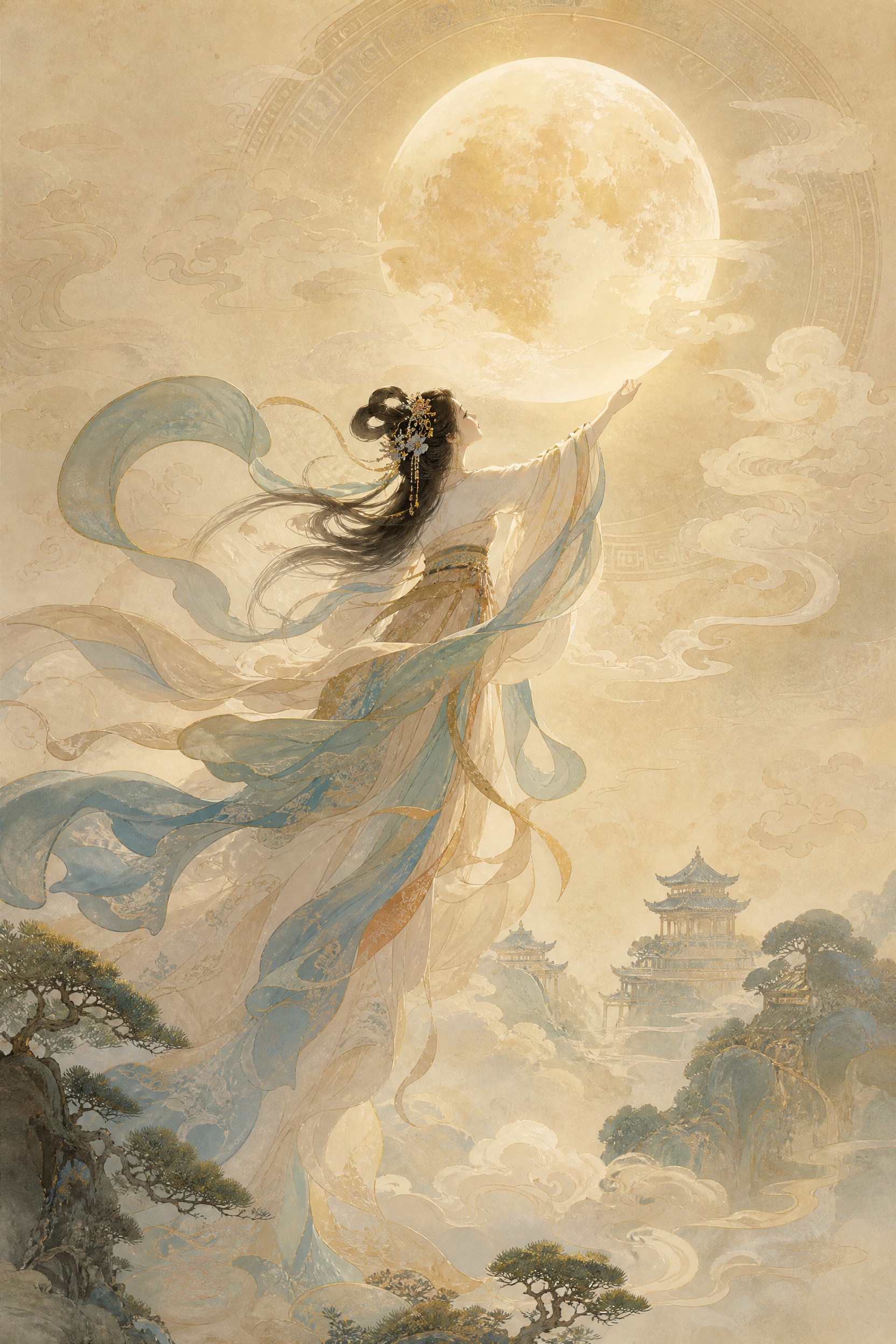 中秋神话系列海报之嫦娥奔月。画面中央，嫦娥身姿轻盈优雅，衣袂飘… - 图片创意预览
