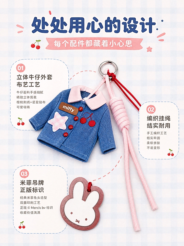 [商品] 使用【图1】【图2】米菲牛仔外套造型钥匙扣挂件；保留牛仔外套主体、粉色编织挂绳、米菲兔头吊牌、银色金属扣环的全部结构与颜色；拆分展示各配件时保持各自原貌，增强各部件材质质感。
[画面] 目标：配件拆解展示，呈现全套设计巧思。构图：拆开展示型，画面中分散平铺展示3个核心部件——①牛仔外套挂件主体 ②粉色编织挂绳+金属扣 ③米菲兔头吊牌。部件之间用柔和的曲线或虚线连接，体现组合关系。主体部件占画面约35%，其他配件各占约20%。景别：俯视平铺。背景浅粉蓝格纹纹理。
[视觉] 套系策略：风格=软萌复古童趣治愈系文创商业摄影；标题字=圆润粗圆体；正文字=圆角无衬线体；主色=牛仔蓝+樱花粉；背景延展=基于粉蓝做浅渐变、同色格纹纹理和细腻纸张/织物质感；强调色=樱桃红，仅用于小面积图标、引线和标签点缀；标题色=深牛仔蓝；正文色=暖灰棕；组件=圆角信息卡、虚线引线、圆点装饰；光影=左前侧暖柔光，柔和漫反射，阴影轻透。
[文字] 顶部主标题「处处用心的设计」，副标题「每个配件都藏着小心思」。每个配件配短标签：「立体牛仔外套 布艺工艺」「编织挂绳 结实耐用」「米菲吊牌 正版标识」。文字位于顶部和各部件旁，不遮挡主体。
[规格] 图片比例3:4竖版，分辨率4K，quality=medium。避免变形、错字、文字过小、冷灰背景、商品颜色改变、结构失真、极限词。