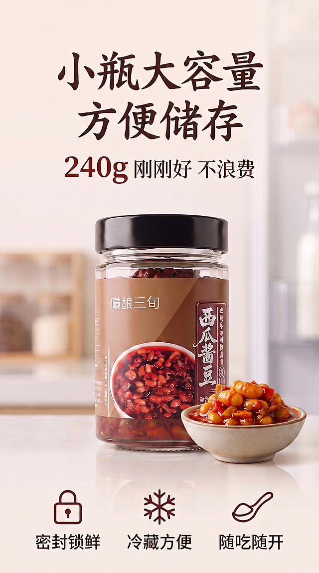 仅将图1中桌子上白色小碗里的酱料，替换成图2中酱料的样子和形态（饱满的黄豆、红辣椒块、红油汤汁的质感），保持瓶子、文字、背景、碗的形状、光线、构图、整体写实风格等所有其他元素完全不变，只修改碗内酱料部分