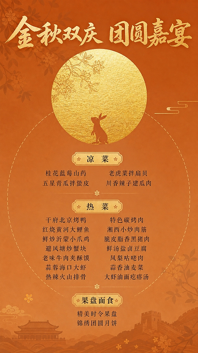 参考图的设计元素和风格：暖橙色背景、中央金色圆形满月（带金箔纹理和线描花卉玉兔剪影）、金色毛笔书法标题、顶部英文装饰字、虚线圆圈装饰、简约雅致的中秋氛围。在此风格基础上，设计一张中秋国庆双节主题的竖版菜单，比例9:16，保留暖橙配色、金色满月玉兔元素、毛笔书法标题、金箔质感和雅致中秋氛围，顶部主标题为"金秋双庆 团圆嘉宴"，中间下方区域清晰排版以下完整菜单内容，菜品文字使用深棕色或深灰色，排版整洁有序，去掉所有多余无关文字：

凉菜
桂花蓝莓山药
老虎菜拌扇贝
五星青瓜拌蛰皮
川香辣子建瓜肉

热菜
干府北京烤鸭
红烧黄河大鲤鱼
鲜炒沂蒙小爪鸡
避风塘炒蟹块
老味牛肉夹酥馍
蒜蓉海口大虾
热辣火山排骨
特色碳烤肉
湘西小炒肉筋
脆皮脂香黑猪肉
鲜汤盐卤豆腐
凤梨咕咾肉
蒜香油麦菜
大虾油面疙瘩汤

果盘面食
精美时令果盘
锦绣团圆月饼