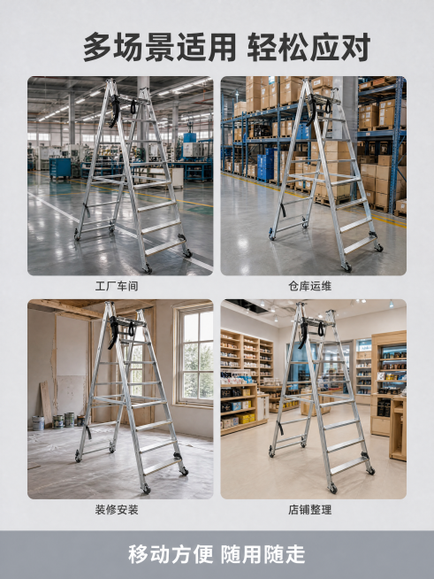 [主图-4] 多适用场景展示，解决适配性问题。
[氛围风格] 简洁稳重专业风格，京东平台品质感，和首图风格统一。
[画质] 商业摄影质感、光线柔和通透、产品清晰真实、画面干净高级。保持梯子整体品质一致预览效果