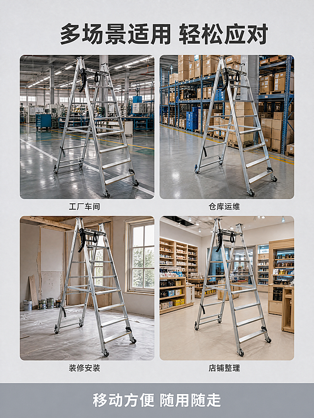 [主图-4] 多适用场景展示，解决适配性问题。
[氛围风格] 简洁稳重专业风格，京东平台品质感，和首图风格统一。
[画质] 商业摄影质感、光线柔和通透、产品清晰真实、画面干净高级。保持梯子整体品质一致。
[元素] 顶部大标题下方，四宫格排列四个不同使用场景图，每个场景展示梯子应用：1工厂车间、2仓库运维、3装修安装、4店铺整理。每个场景图都保持梯子外观与原图一致，场景自然融合。整体上下满版结构，信息分布均匀。
[光影] 每个场景光影统一，光线明快清晰，产品主体突出，场景自然不抢产品风头。
[配色] 浅灰色主背景，每个场景保持自然色彩，整体协调干净。
[视角构图] 每个场景为独立小方格，构图均衡不拥挤，产品在每个场景中完整展示不裁切。
[文字版式] 顶部大字标题「多场景适用 轻松应对」深灰粗体居中。四宫格每个场景图下方标注对应场景名称小字深灰清晰。底部通栏文字「移动方便 随用随走」浅灰底白字居中。文字占比小于30%。
[比例分辨率] 3:4比例，4k分辨率，文字清晰锐利，超高清画质。
[负向提示词] 变形，水印，文字错乱，产品图模糊，背景杂乱，廉价感，玩具感，文字遮挡主体，绝对化违禁词。
