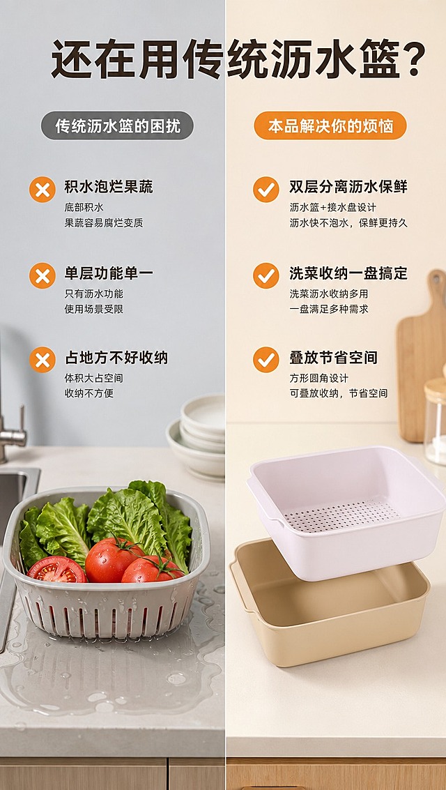 [商品] 使用【图1】双层方形沥水篮；保留奶白色沥水篮+浅卡其接水盘双层结构、方形圆角、细密沥水孔、把手设计、PP材质和颜色；商品处理：保持产品原貌，增强质感。
[画面] 目标：痛点对比页，展示传统沥水篮的问题与本品的解决优势。构图：左右分栏对比版式，左侧痛点区，右侧解决区，中间竖向分割线。景别：中景。阅读动线：从左到右对比阅读。前中后景：左右各放产品状态，背景分深浅两色区分痛点与解决。场景：厨房台面场景化对比。
[视觉] 套系策略：风格=1688批发风简约实用商业摄影；标题字=粗黑体；正文字=常规黑体；主色=浅卡其米杏色；背景延展=左侧浅灰蓝痛点区，右侧浅卡其米杏解决区，同色系深浅渐变；强调色=暖橙色，仅用于小面积对勾/叉号图标和标签；标题色=深棕灰；正文色=中暖灰；组件=对比分割线、图标+短文案组合、圆角信息块；光影=左前侧暖柔光。
[文字] 顶部大标题「还在用传统沥水篮？」，左侧痛点区配3个问题：「积水泡烂果蔬」「单层功能单一」「占地方不好收纳」，配叉号图标；右侧解决区配3个对应优势：「双层分离沥水保鲜」「洗菜收纳一盘搞定」「叠放节省空间」，配对勾图标；文字横向排版，清晰易读。
[规格] 图片比例9:16竖版，4K分辨率，避免变形、错字、文字过小、产品颜色改变、极限词、虚假宣传。