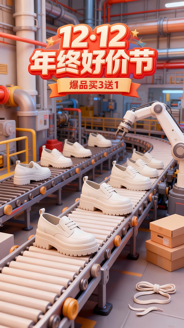 科技感工业风3D场景，金属质感流水线搭配重拟物风格白鞋，虚拟现实呈现12.12年终促销，爆品买三送一，视觉冲击力强。