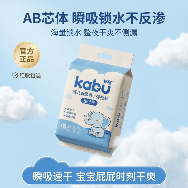 1:1 竖版精致电商主图，清新简约风格，背景为电商卡布流光溢彩试用装主图，1:1 竖版，严格还原产品包装等所有文字、图案、设计，保持包装真实哑光纸质质感，产品斜放居中突出。背景为纯净浅蓝渐变底色，点缀预览效果