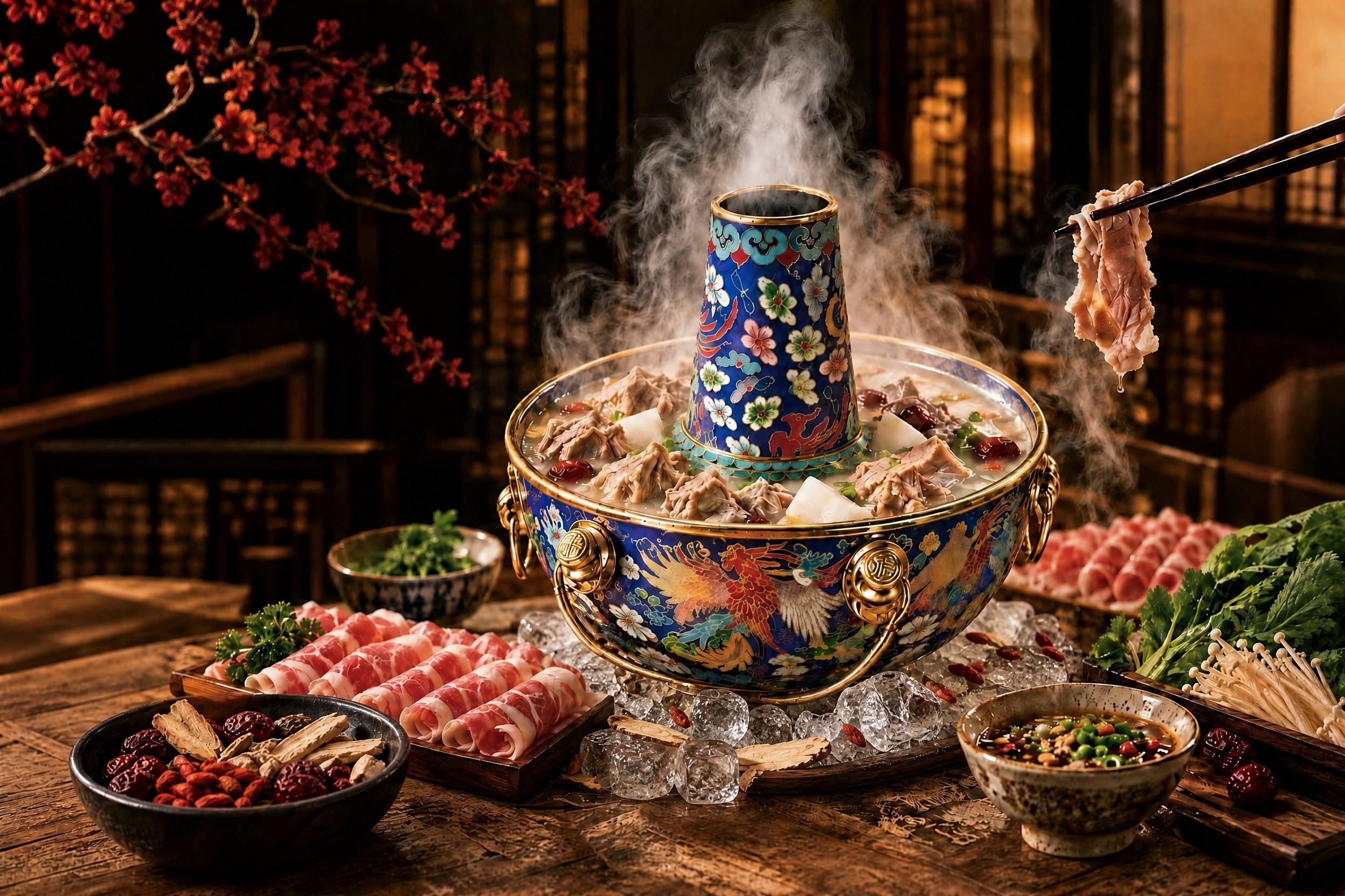 保持原图整体风格、光线、构图、景泰蓝火锅及所有其他食材、餐具、… - 图片创意预览